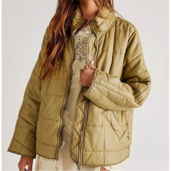 We The Free Dolman Quilted Jacket Green Vegan Leather Oversized Free People M